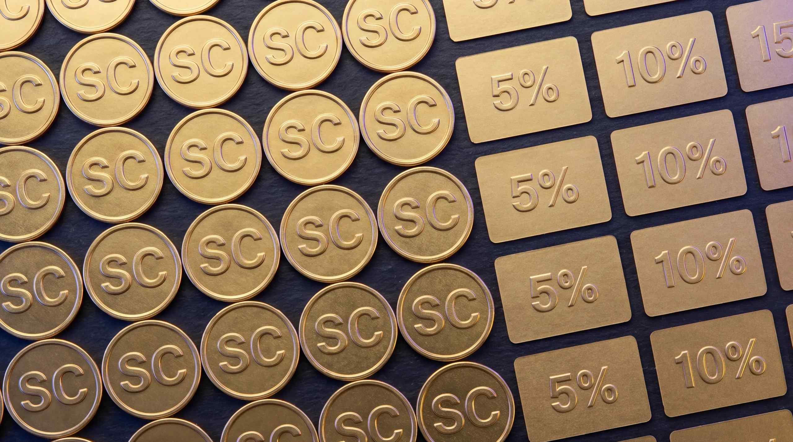 An illustration of figurative sweeps coins with percentages next to them.
